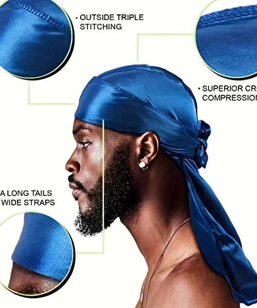 Men'S Silk Durag Bonnet Bandana Silky Du Rag Doo Rag Long Tail Waves Cap